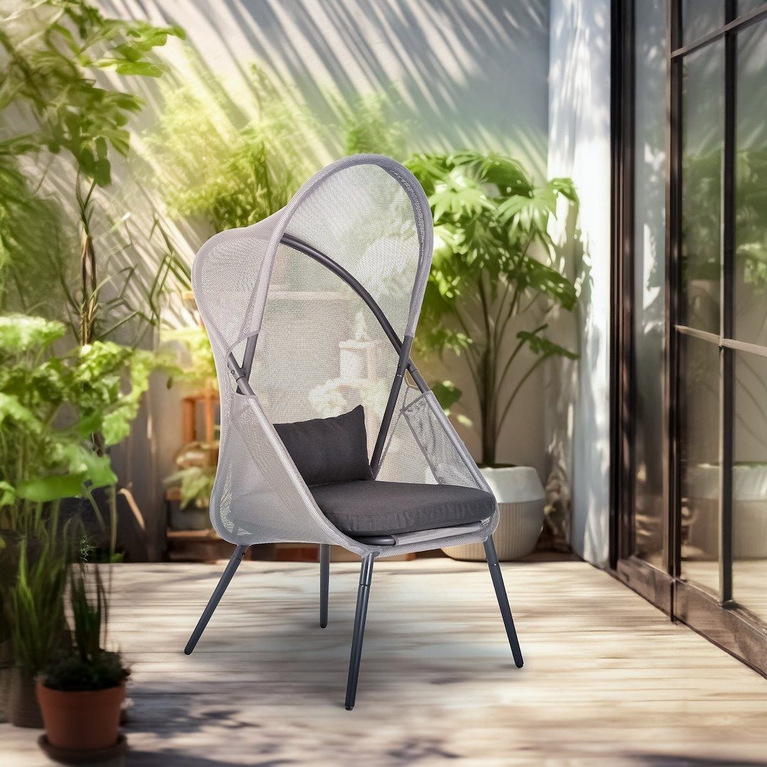 Scaun pliabil Jumi cu baldachin – oțel, negru/gri, design ergonomic pentru exterior