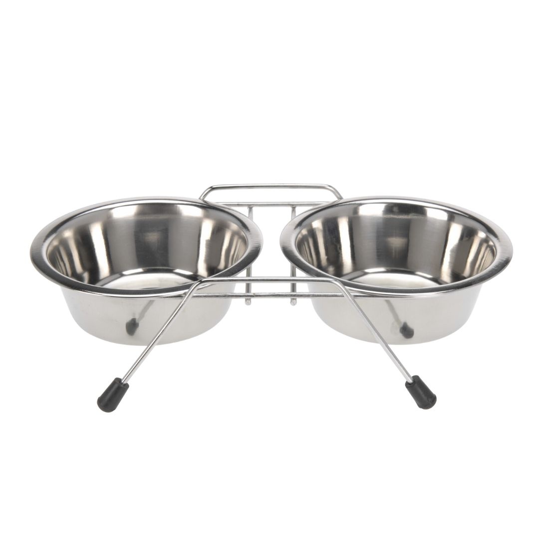 Set 2 boluri, pentru câini și pisici, cu suport, din oțel inoxidabil, 34.5x16.5x8 cm, 0.8l