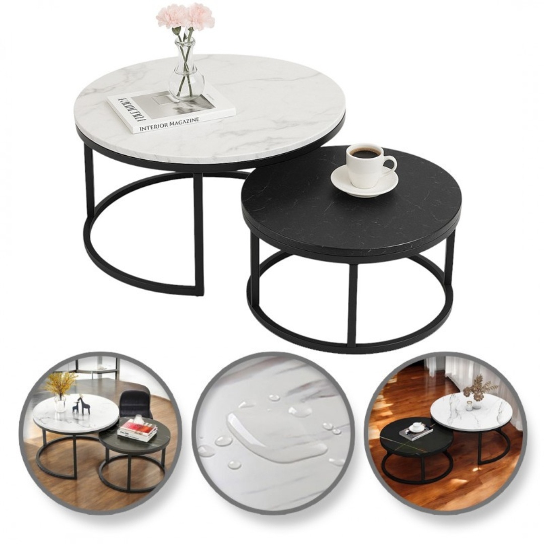 Set 2 mese, de cafea, rotunde, alb & negru, STL14BCZ, eCarla