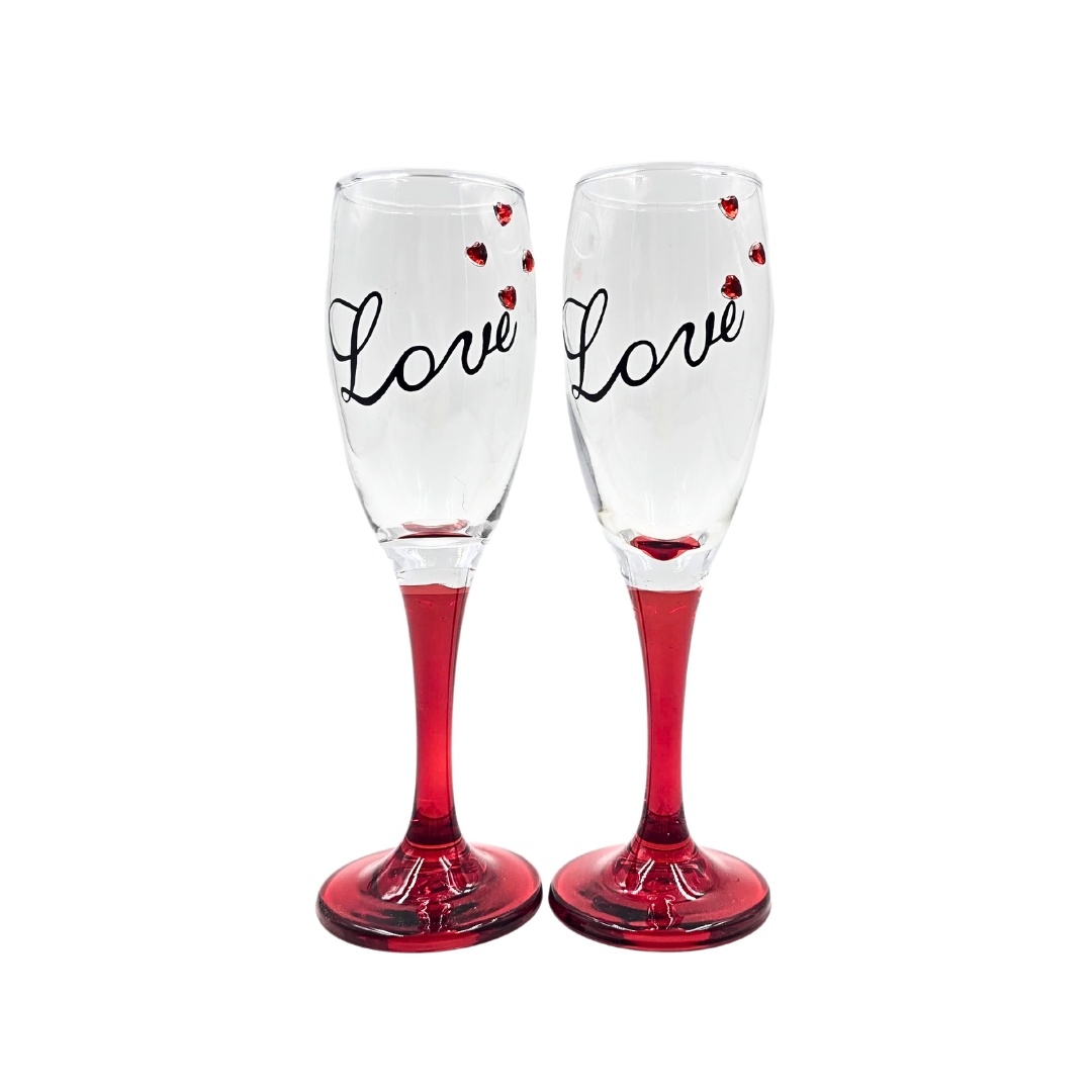 Set 2 pahare, de șampanie, cu inimioare, bază roșie, mesaj Love, 20 cm