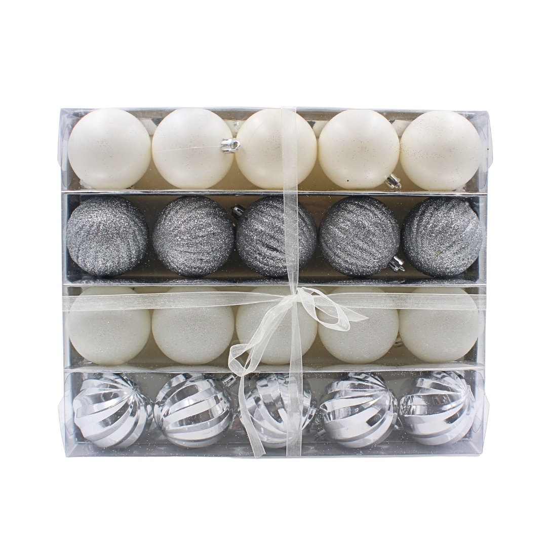 Set 20 globuri, pentru Crăciun, 6 cm, argintii și albe, Xmas Magic