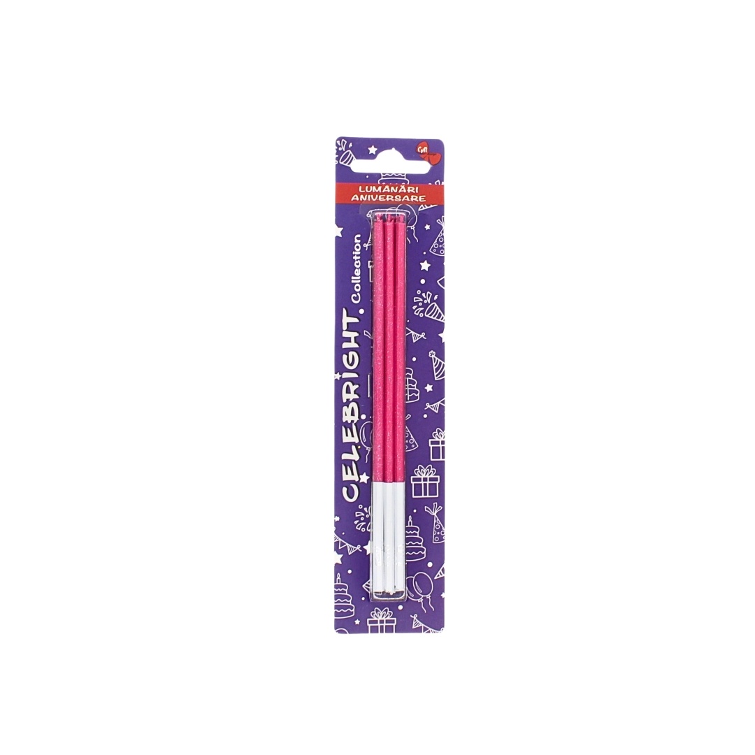 Set 6 lumânări pentru tort, Celebright, ciclam cu sclipici, bază albă, 15 cm