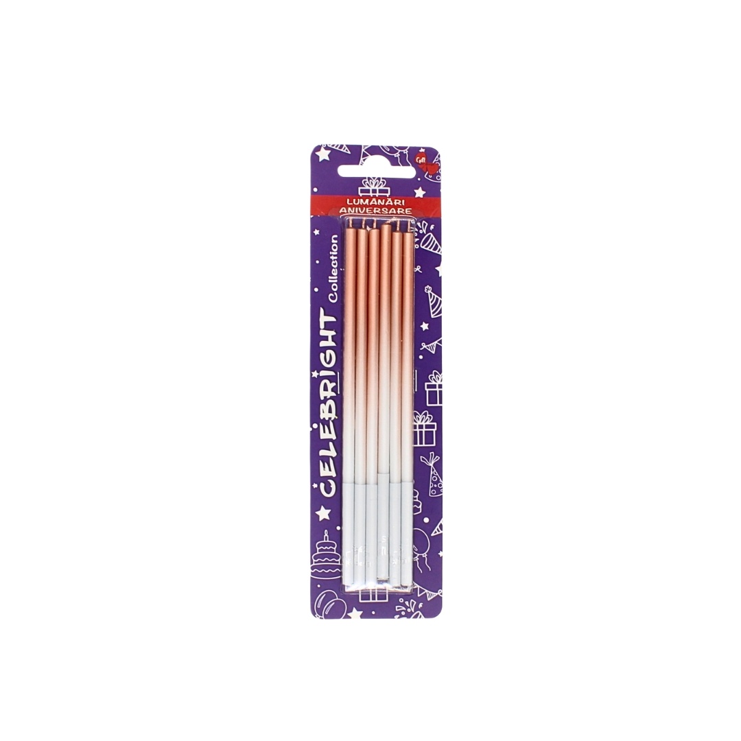 Set 6 lumânări pentru tort, Celebright, cupru degrade, bază albă, 15 cm