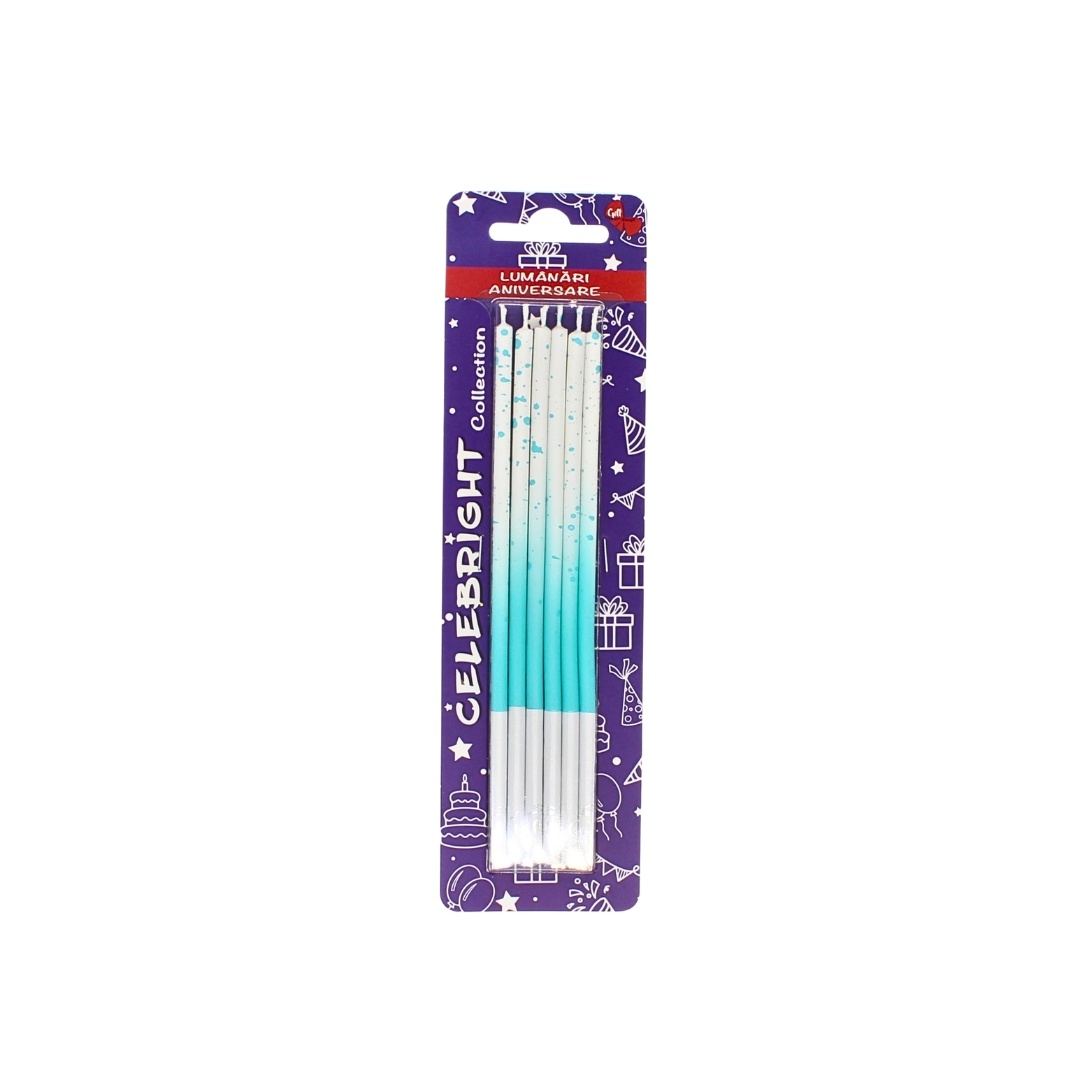 Set 6 lumânări pentru tort, Celebright, turcoaz, degrade cu picățele, 15 cm