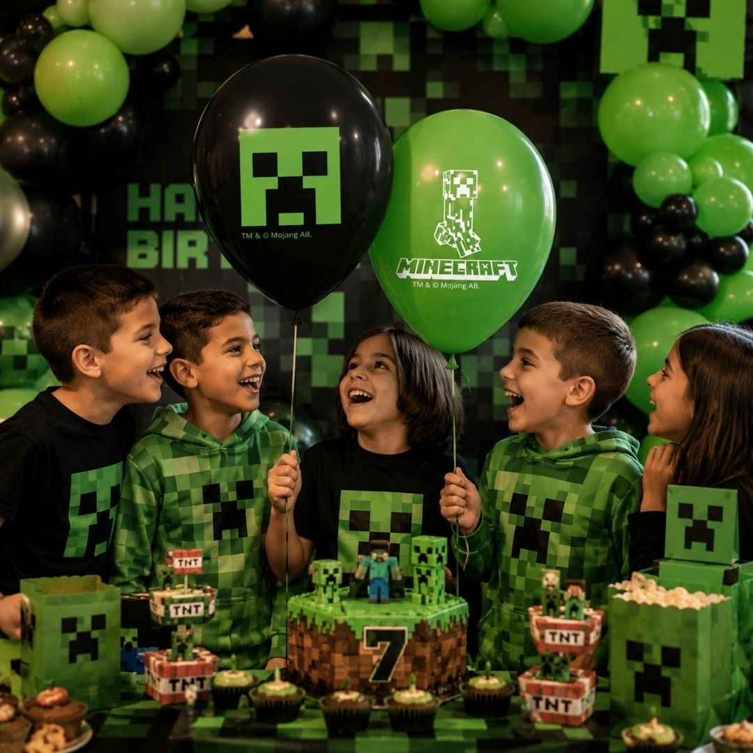 Set 8 baloane, din latex, model Minecraft, verde și negru cu creeper, baloane party premium