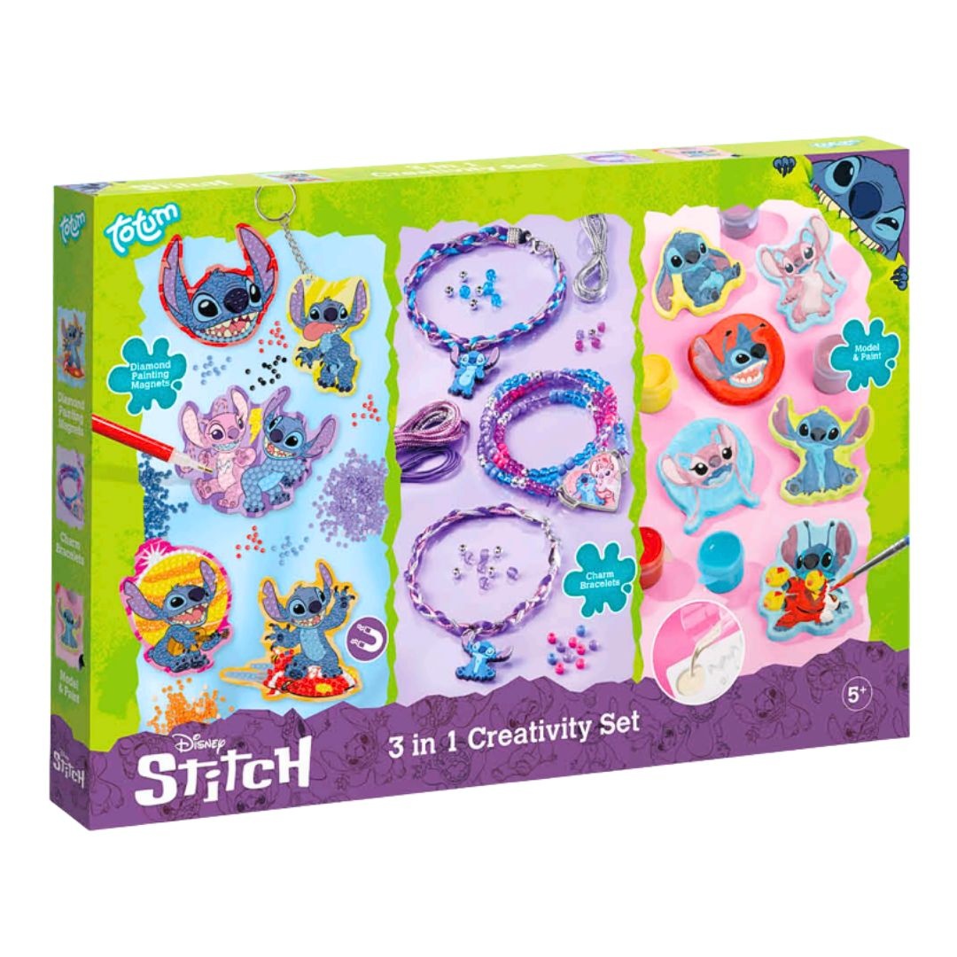 Set creativ 3 în 1, Stitch – diamond painting, brățări cu charm-uri & modelaj cu vopsele, Totum, 5+ ani
