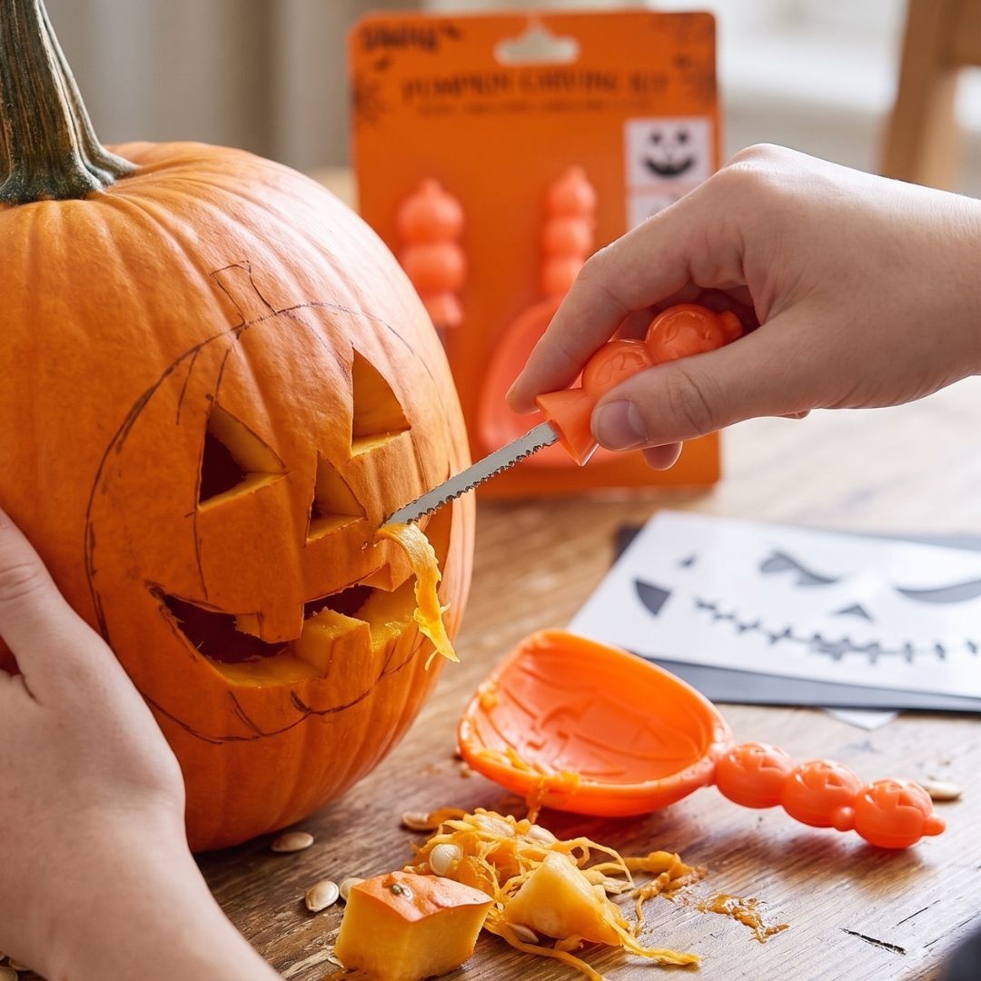 Set pentru sculptat dovleci de halloween, 5 piese cu unelte, lingură și șabloane reutilizabile