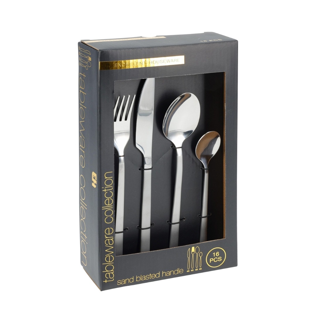 Set tacâmuri, 16 piese, din oțel inoxidabil, argintiu