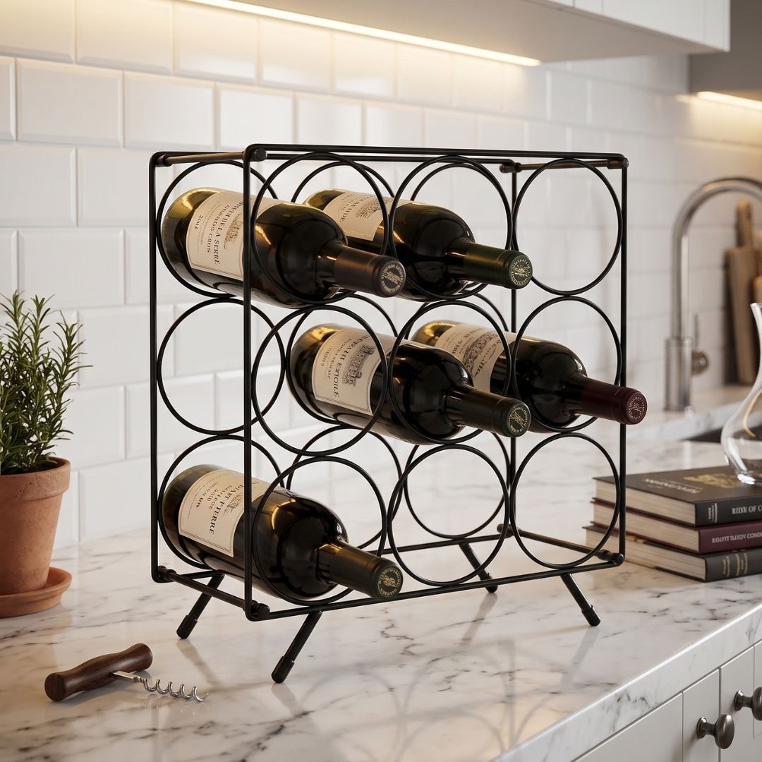 Suport metalic vertical pentru sticle de vin, 9 sticle, 39x18x34 cm