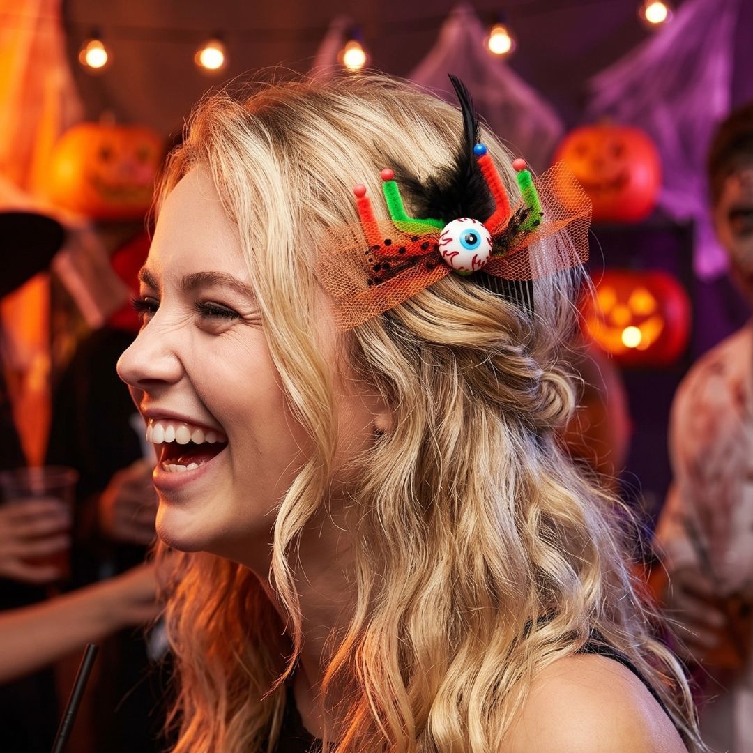 Agrafă pentru Halloween, model ochi cu fundiță portocalie, 8 cm