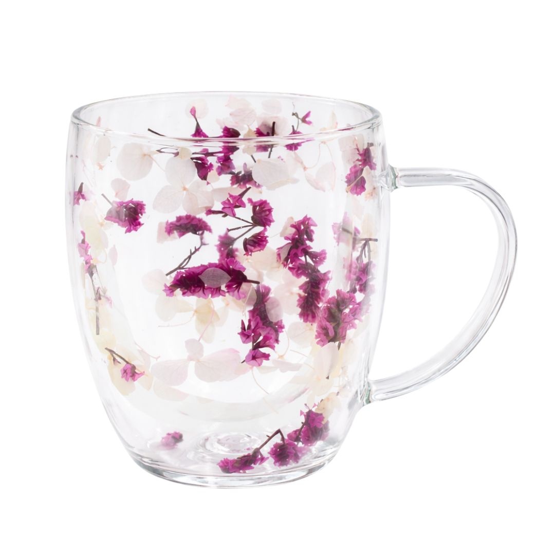 Cană cu inserție de flori uscate roz, hortensie si limonium, pereți dubli, sticlă borosilicată, 350 ml, Aurora Bloom