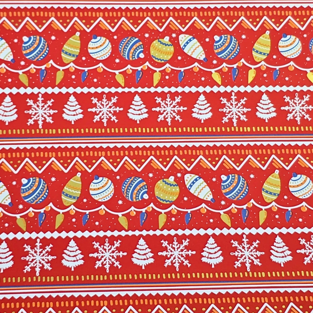 Hârtie mată pentru ambalat cadouri, dans de globuri și linii zig-zag, decor de Crăciun, 200x70 cm