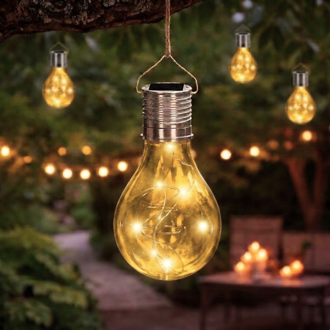 Lampă solară în formă de bec galben transparent, LED, pentru grădină,…