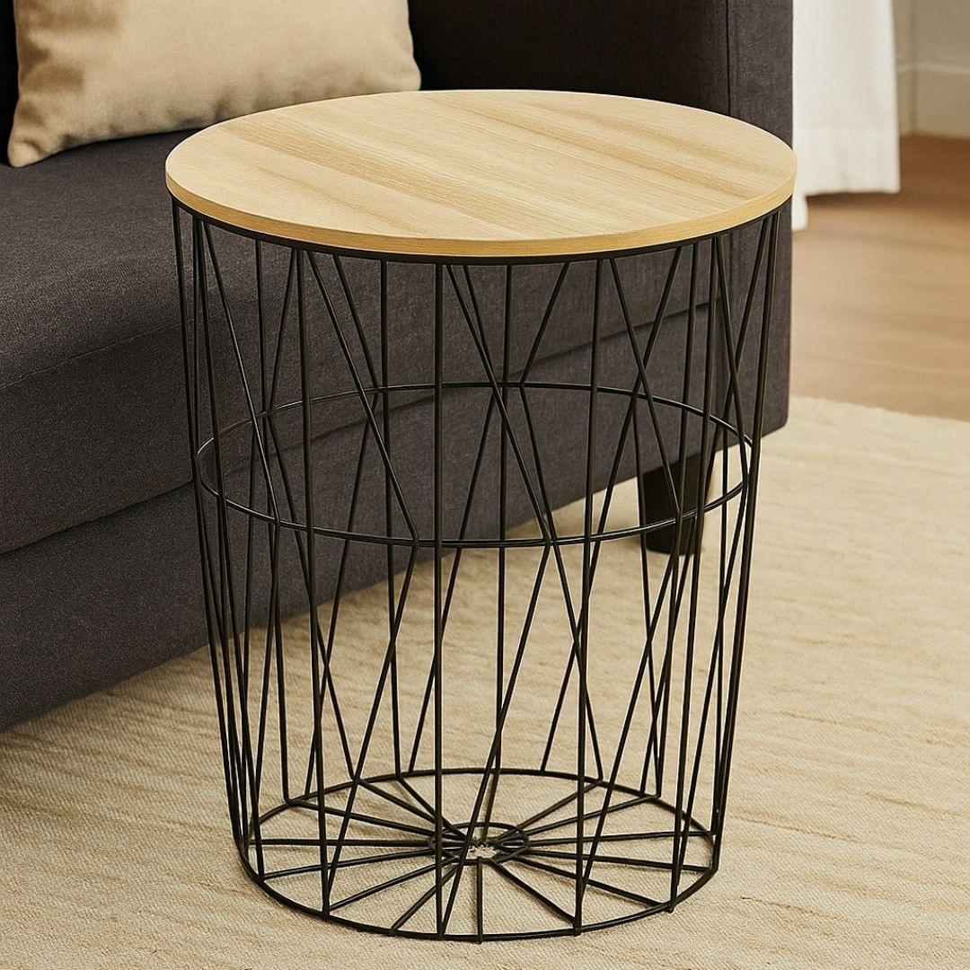 Masă rotundă cu coș de depozitare Jumi, MDF și bază metalică, negru și maro, 57x47x47 cm
