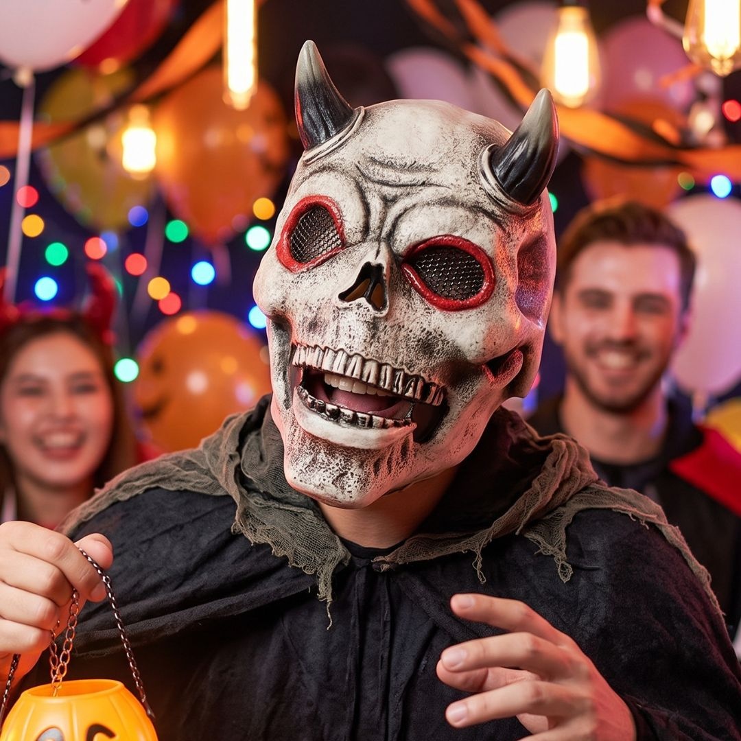 Mască pentru Halloween, Amscan, model demon craniu, gri cu coarne negre și ochi roșii, one size