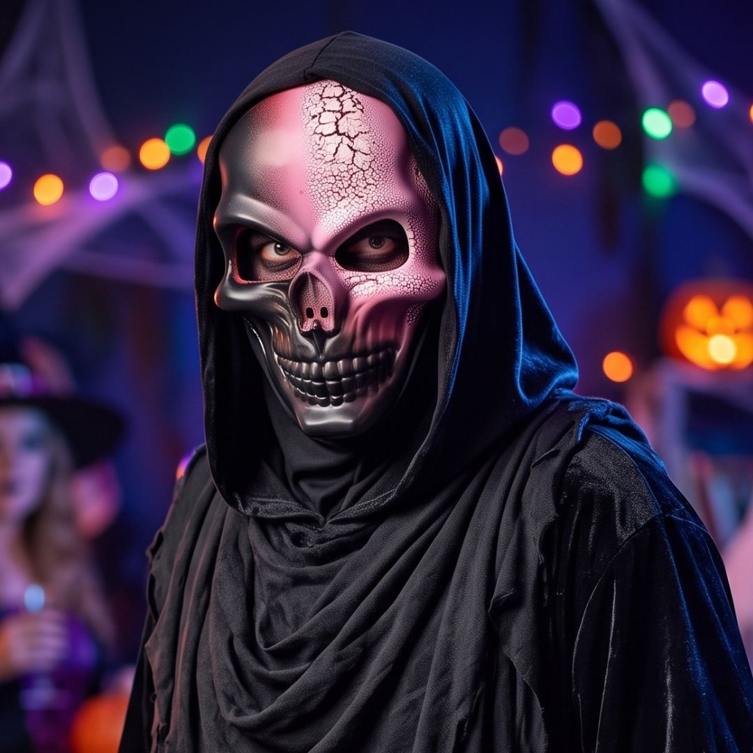 Mască pentru Halloween, Goodmark, model craniu, cu glugă neagră, efect metalizat, one size