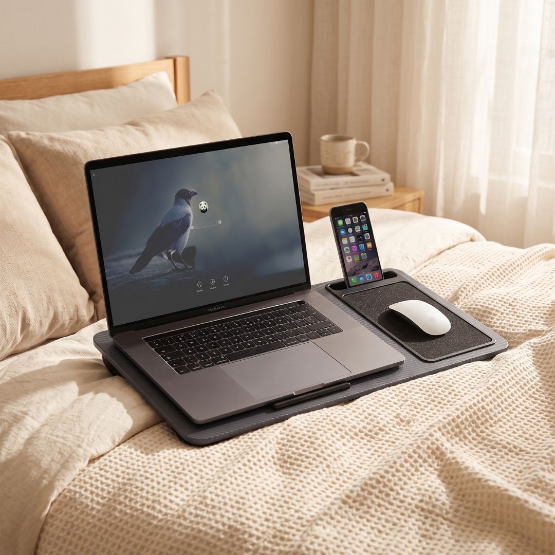 Măsuță portabilă pentru laptop, cu pernuță și mousepad, gri, 57.5x30.5x4 cm
