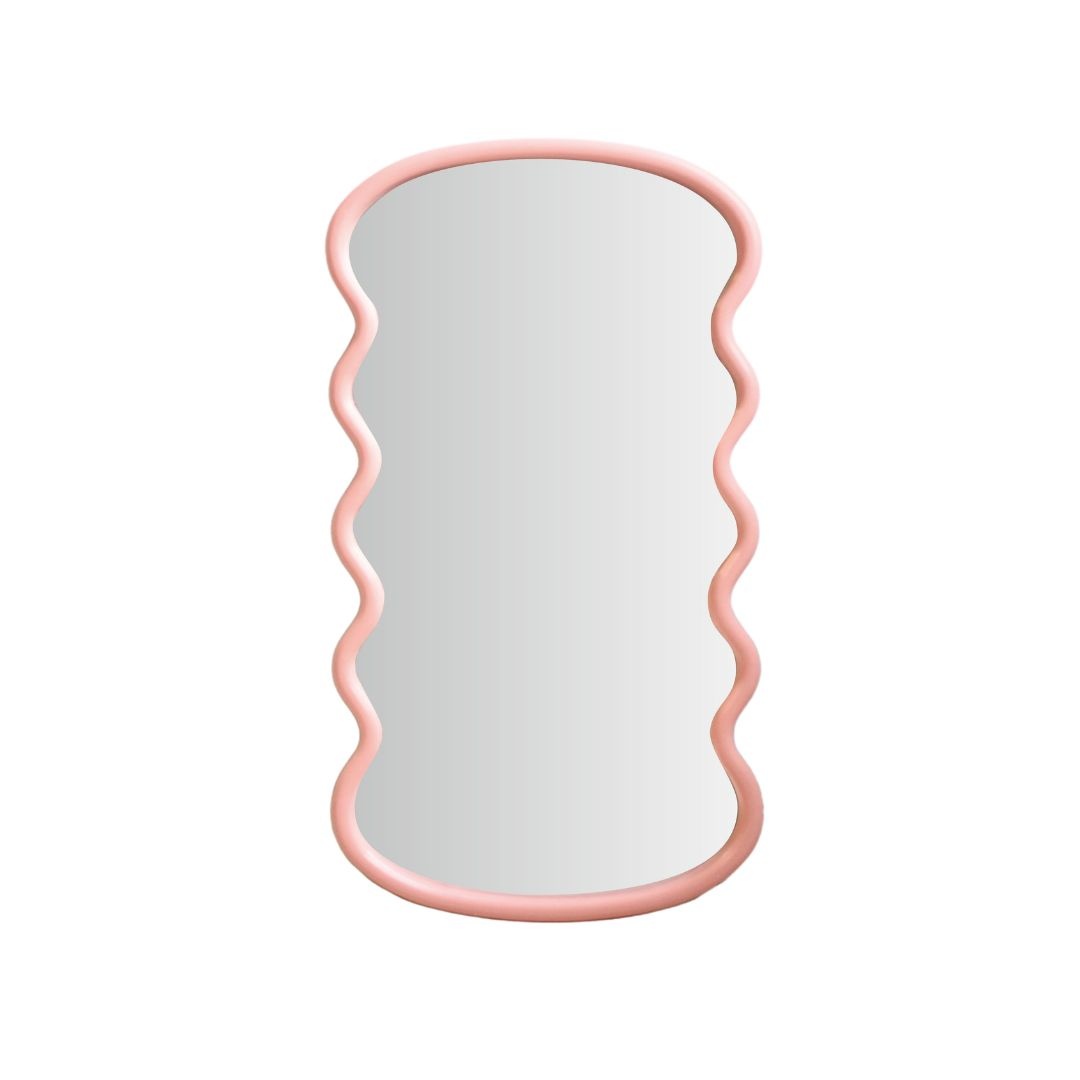 Oglindă decorativă, cu ramă ondulată, culoarea roz pudrat, 55x30x25 cm