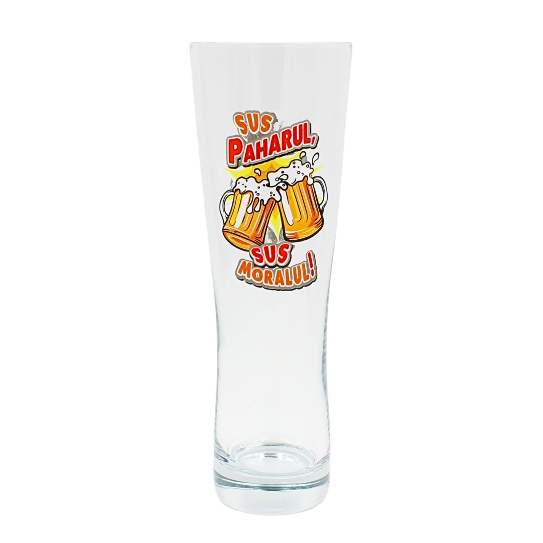 Pahar bere, 500 ml, mesaj funny “Sus paharul, sus moralul!"