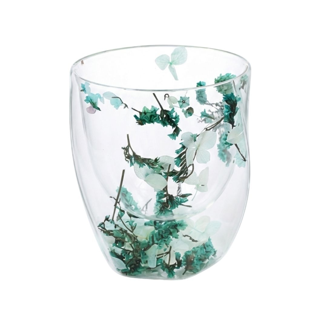 Pahar cu inserție de flori uscate verzi, hortensie și limonium, pereți dubli, sticlă borosilicată, 250 ml, Aurora Bloom
