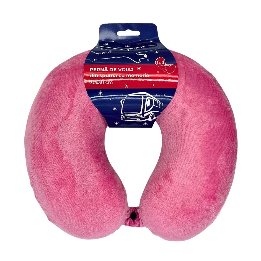 Pernă de călătorie, pentru adulți, culoare rozalie, din spumă cu memorie, 30 cm