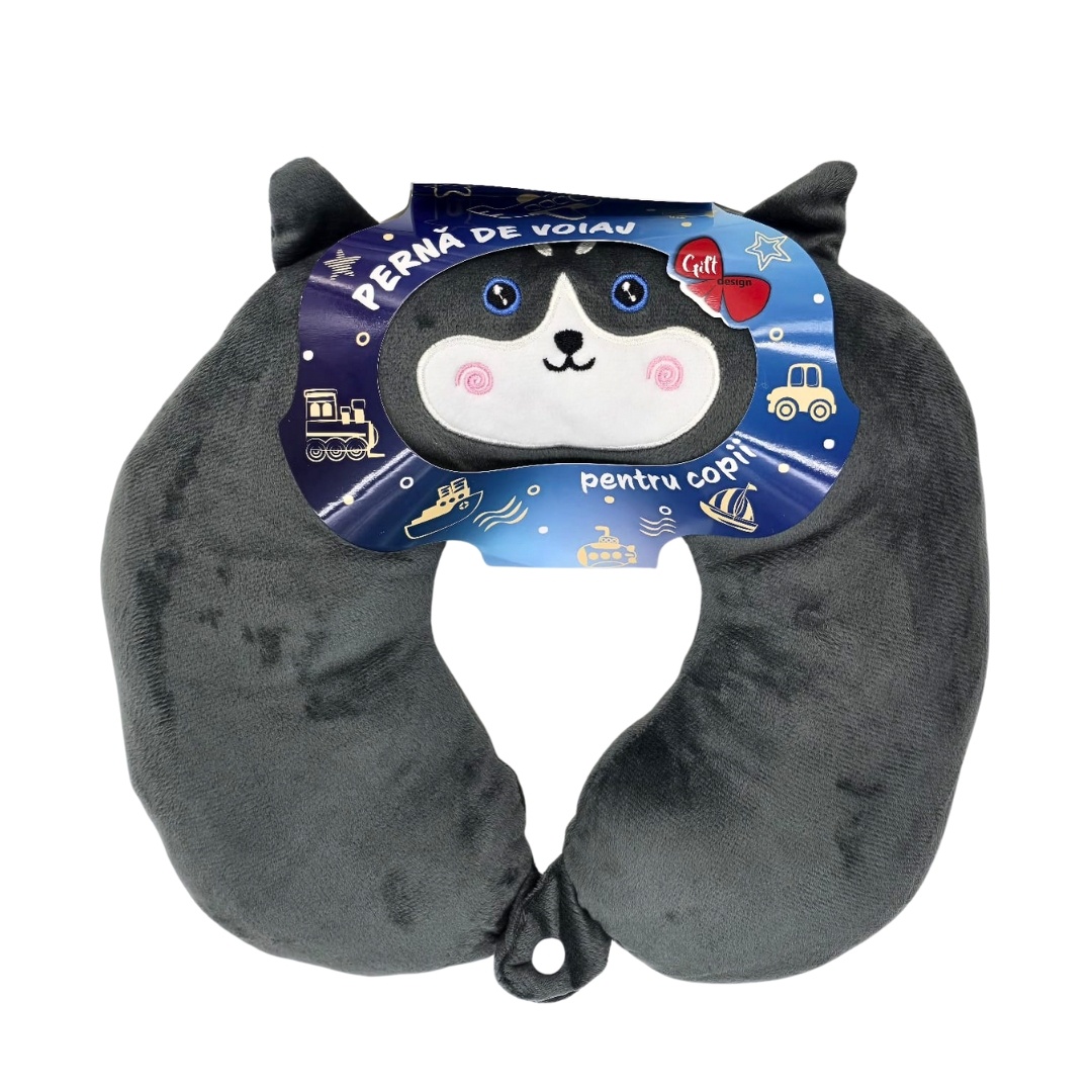 Pernă de călătorie, pentru copii, culoare gri cărbune, model husky, 31x29x8 cm
