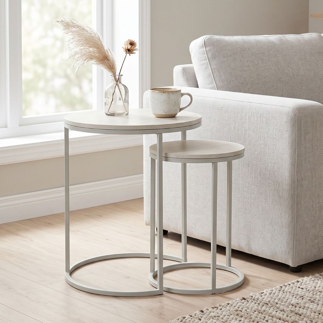 Set 2 măsuțe de cafea Trends4You, metal & MDF, design modern, alb