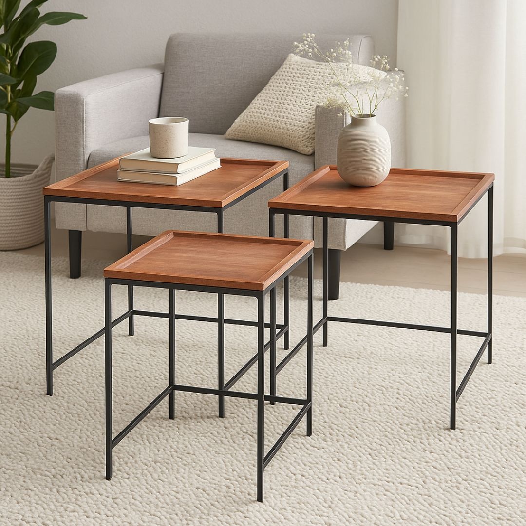 Set 3 măsuțe suprapozabile Koopman, din lemn natural, cadru metalic negru, 40,3x40,3x41 cm, 35x35x37 cm, 30x30x33 cm
