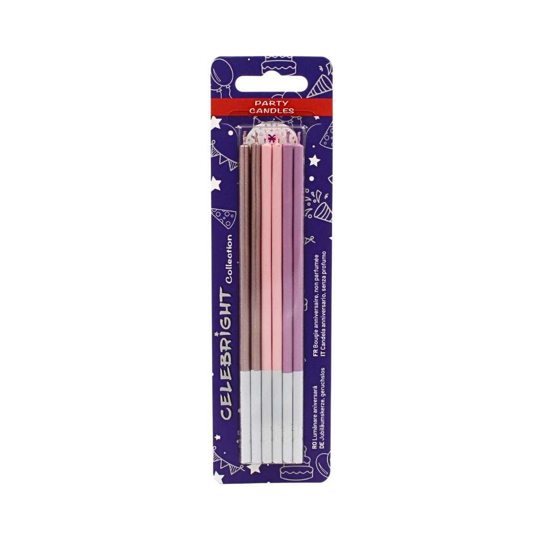 Set 6 lumânări drepte, pentru tort, Celebright, nuanțe metalizate roz și mov, bază albă, 15 cm