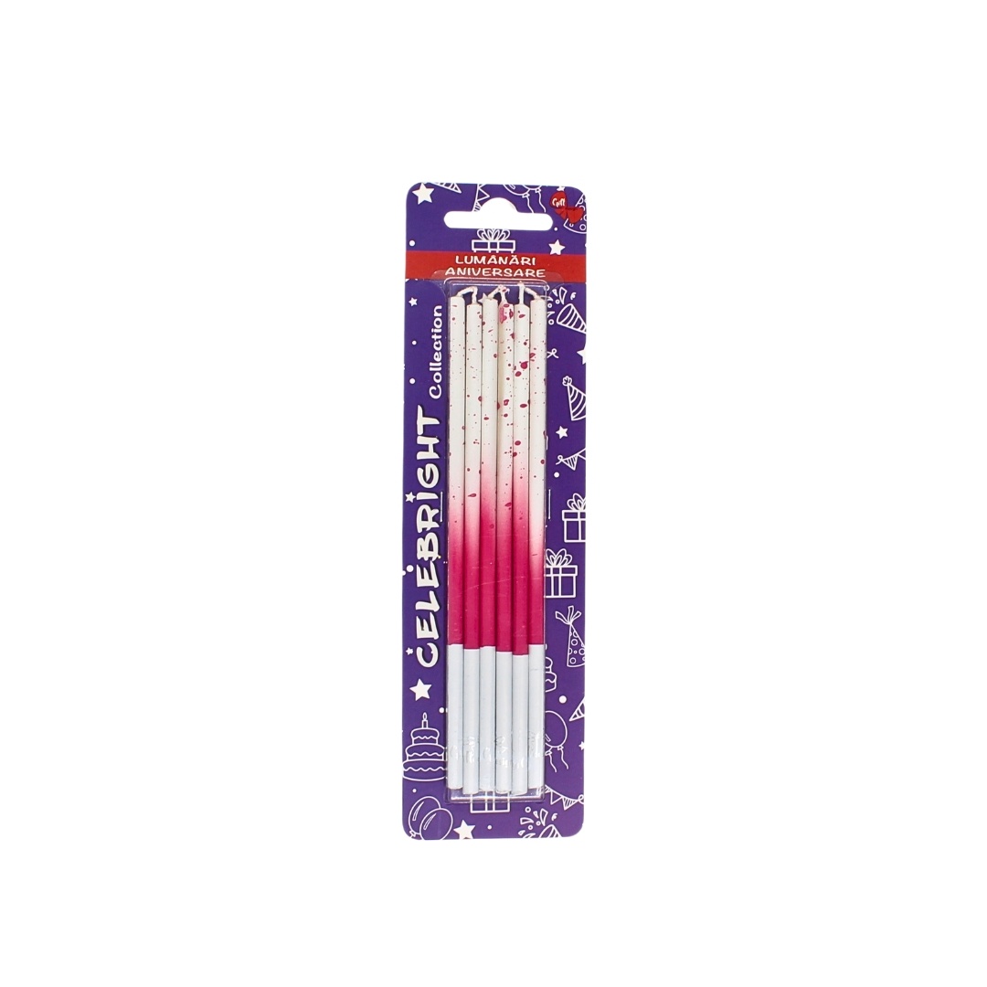 Set 6 lumânări pentru tort, Celebright, ciclam, degrade cu picățele, 15 cm