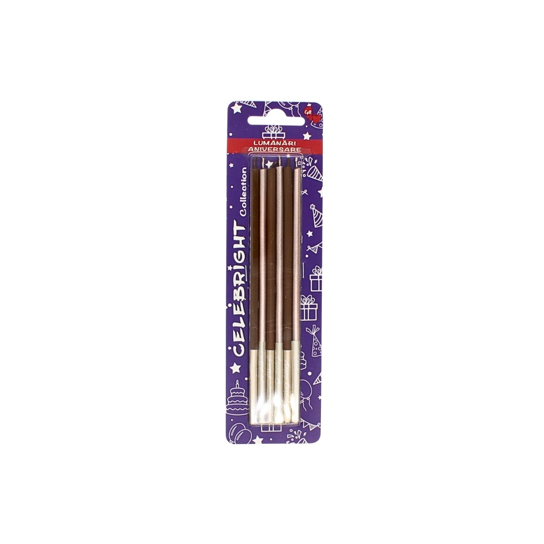 Set 6 lumânări pentru tort, Celebright, maro-roz metalizat, mesaj Happy Birthday pe bază, 15 cm