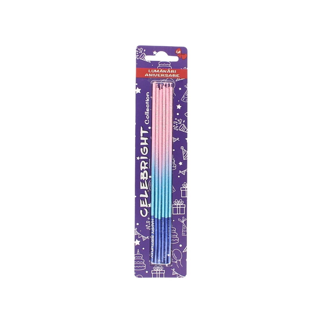 Set 6 lumânări pentru tort, Celebright, roz-albastru degrade, bază albastră, 17 cm
