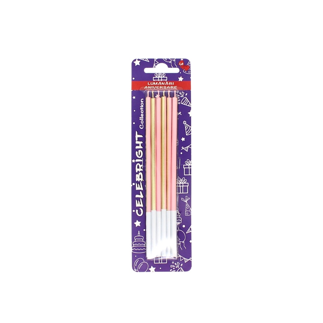 Set 6 lumânări pentru tort, Celebright, roz-auriu, bază albă, 15 cm