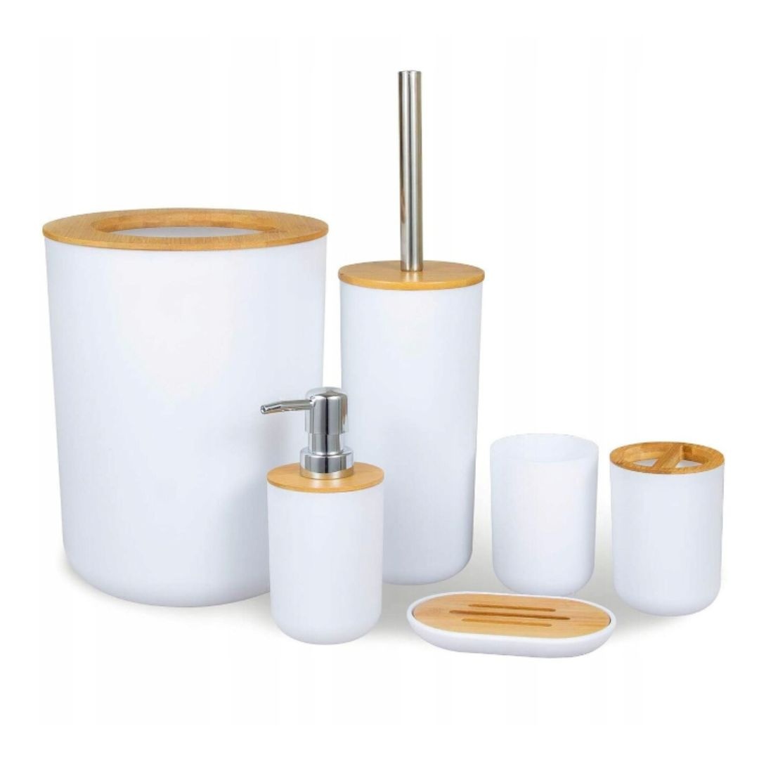 Set accesorii de baie Jumi, 6 piese alb cu accente din bambus, design modern