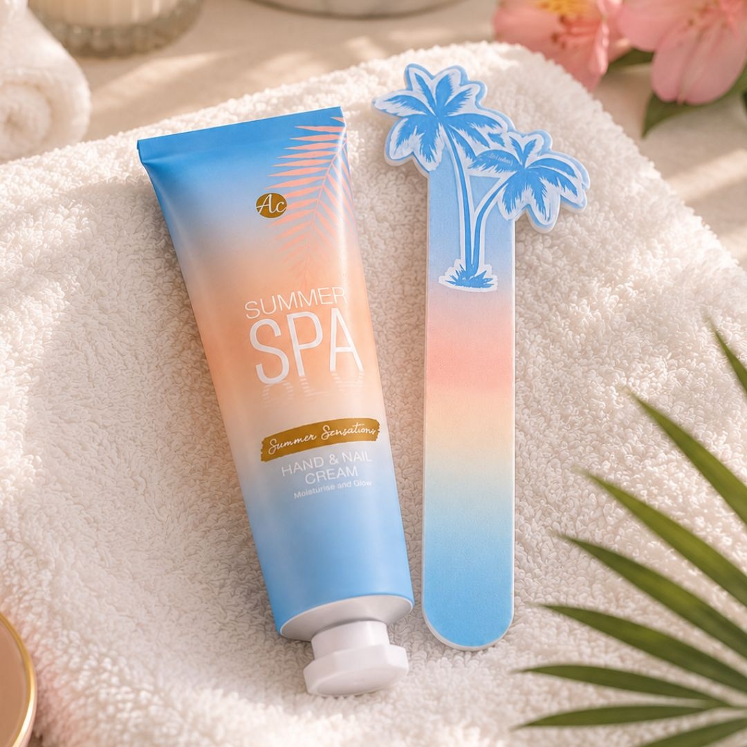 Set îngrijire mâini SUMMER SPA, Accentra, în ambalaj cadou turcoaz, cremă pentru mâini și unghii 30 ml si pilă de unghii