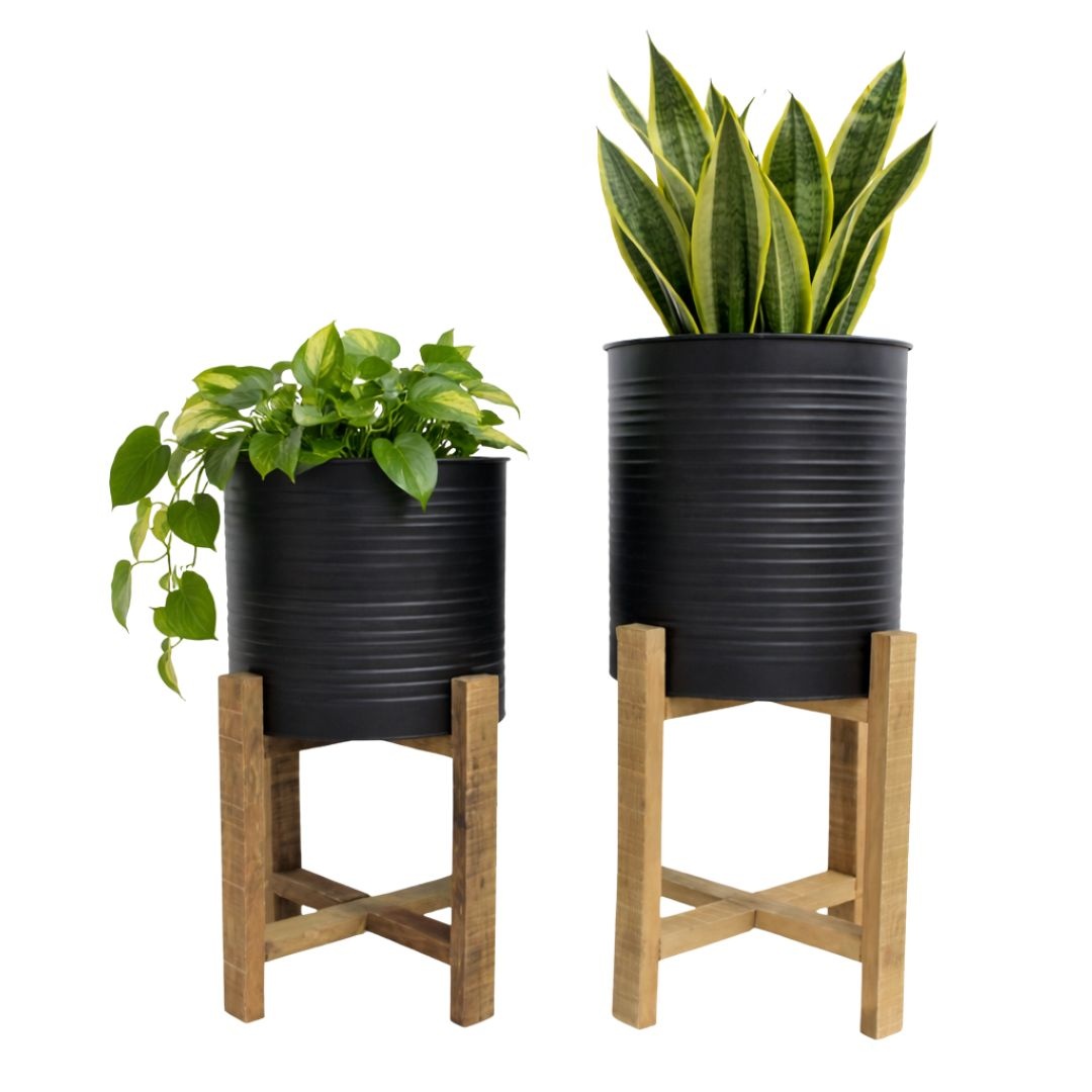 Set jardiniere metal ondulat picioare lemn