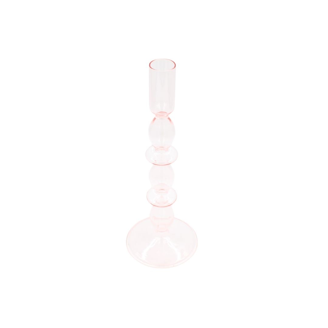 Suport pentru lumânare, tip sfeșnic, din sticlă roz translucidă, cu design elegant în trepte, 24 cm, Arti Casa