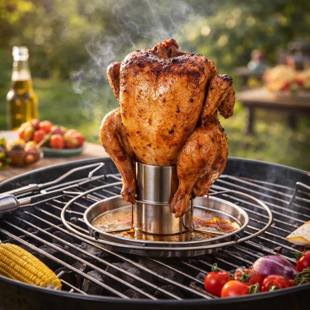 Suport pui la bere pentru grătar, inox, cu tavă colectoare, pentru BBQ și cuptor