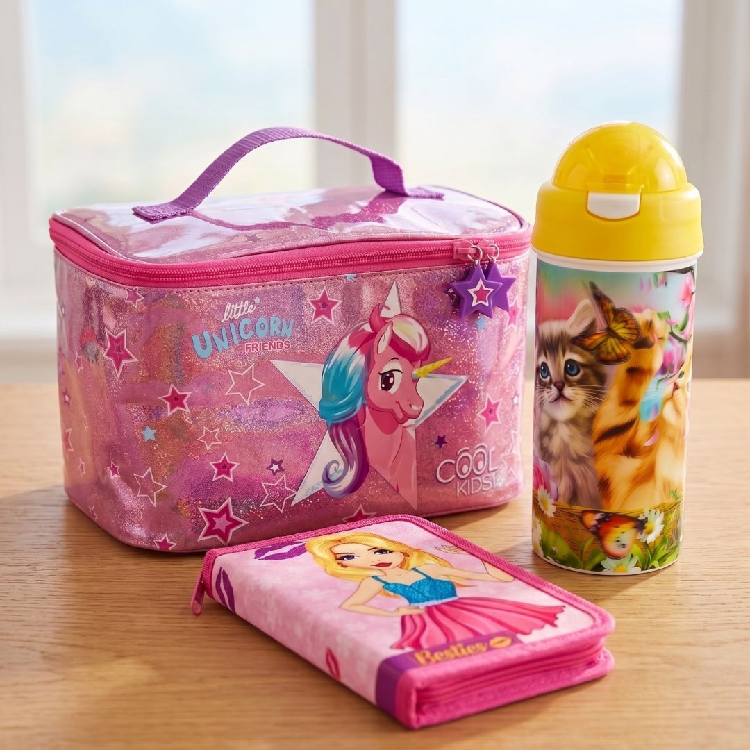 🦄 Pachet „Lunch Time – Unicorn” 🌈 | Geantă termică, penar echipat și sticlă de apă