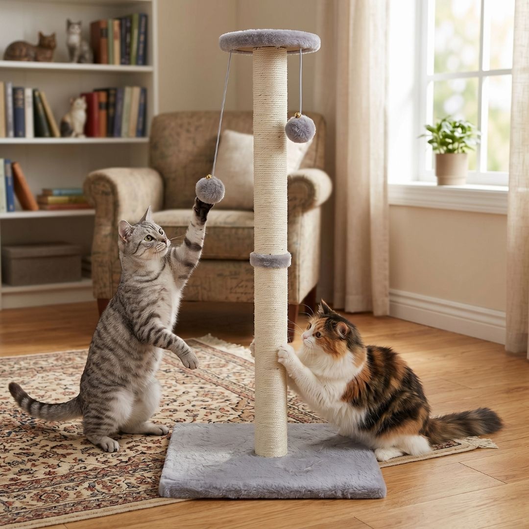 Ansamblu de joacă și stâlp sisal pentru pisici, Jumi, cu clopoței, gri, 81 cm