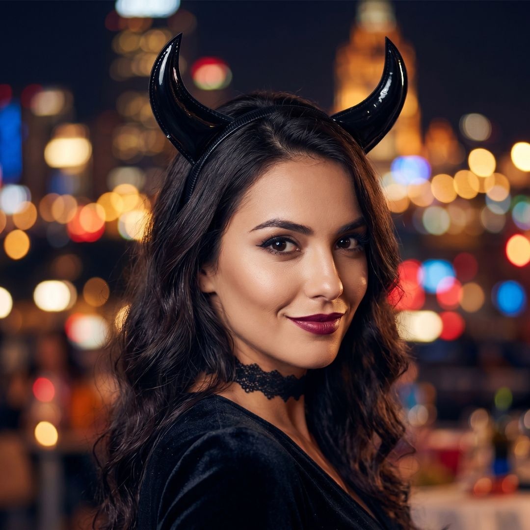 Bentiță de Halloween, cu coarne negre, lucioase, pentru ținute de vrăjitoare sau diavoliță