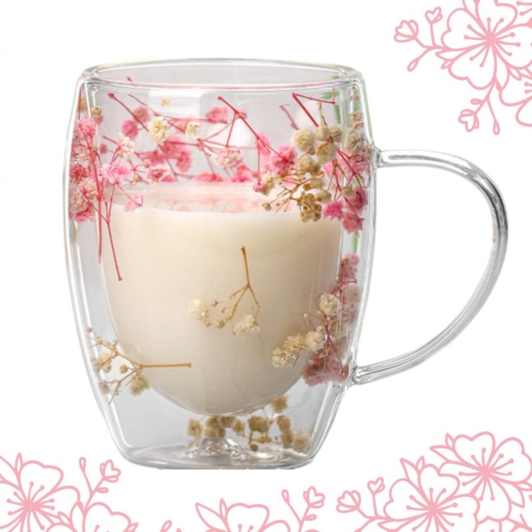 Cană cu flori uscate gypsophila, pereți dubli, sticlă borosilicată,…