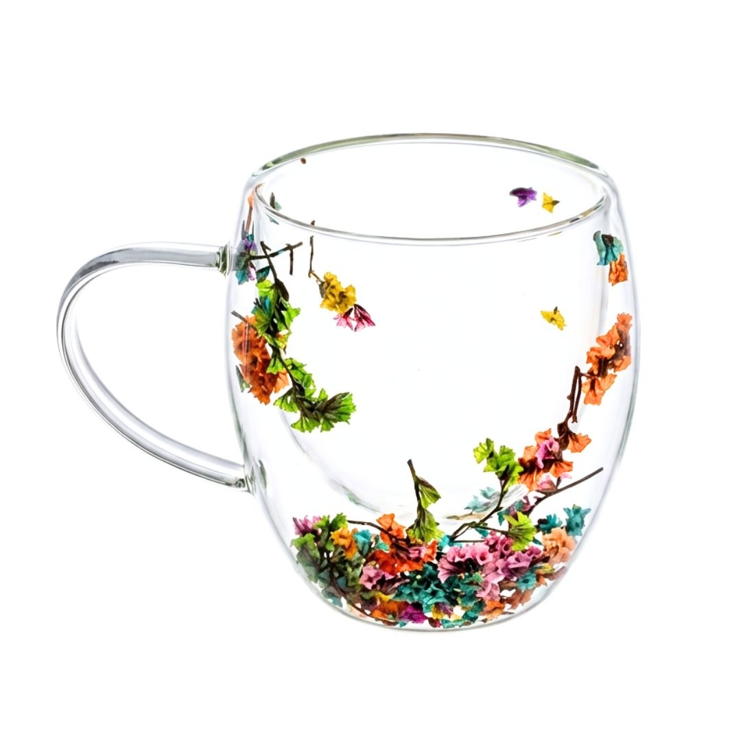 Cană cu inserție de flori uscate, limonium multicolor, pereți dubli, sticlă borosilicată, 250 ml, Aurora Bloom