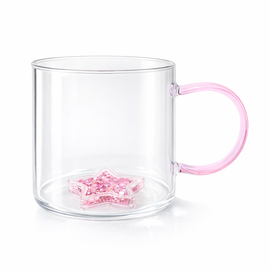 Cană cu model 3D steluță roz, pereți dubli, sticlă borosilicată și inserție de sclipici, 300 ml, Aurora Glow