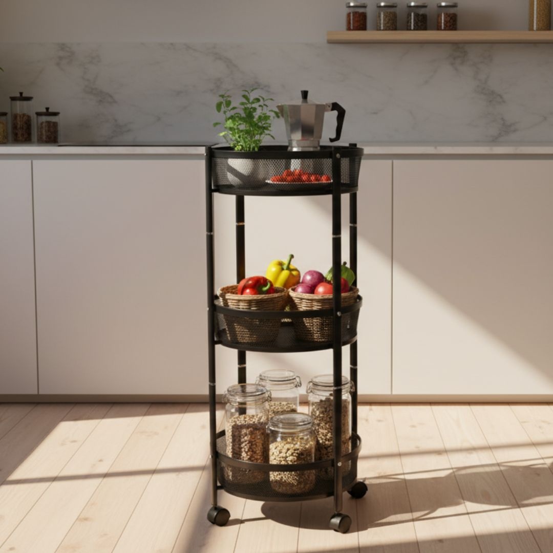 Cărucior de depozitare cu 3 coșuri rotunde din plasă metalică – Mobil cu roți, culoare negru Ø37x88 cm