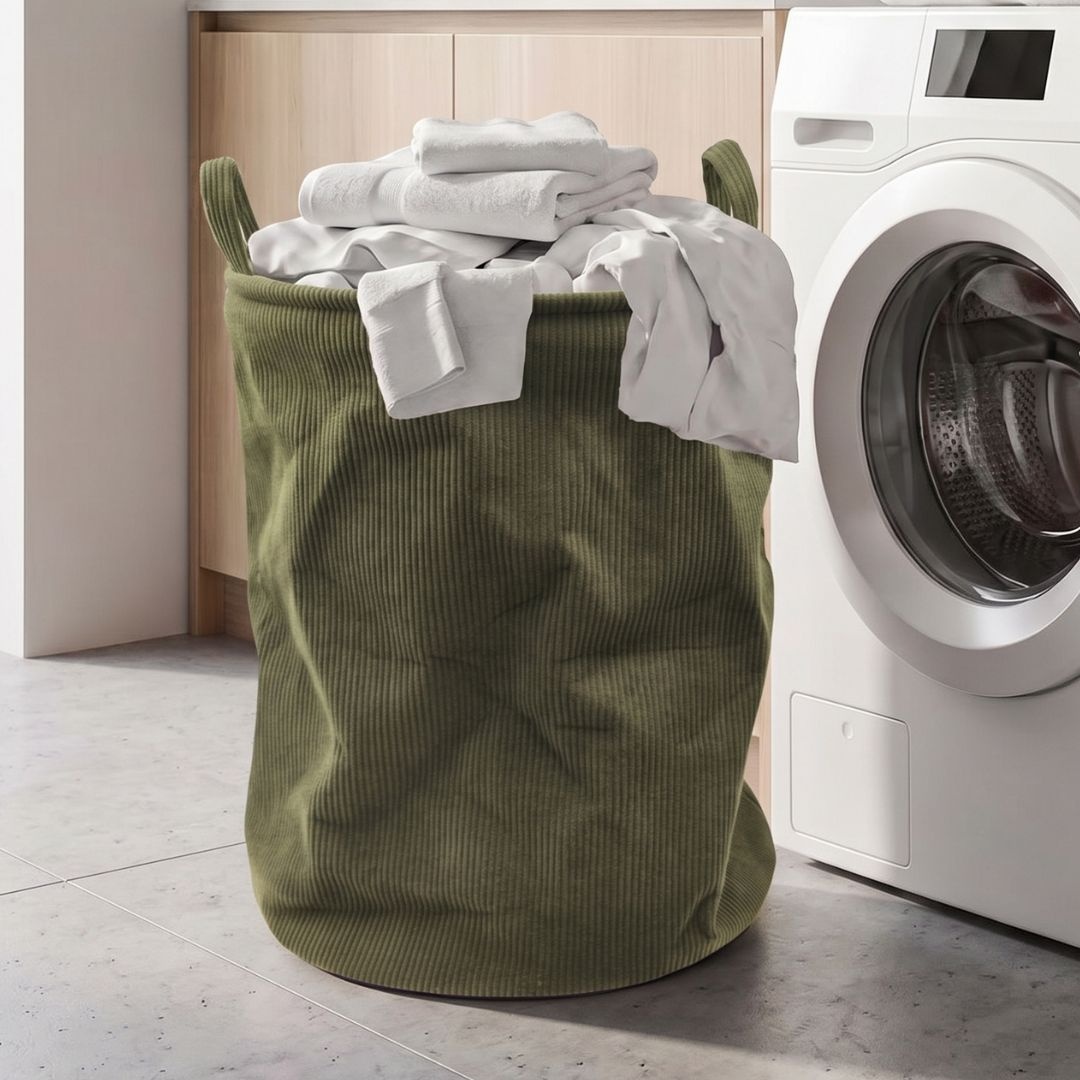 Coș de rufe pliabil, textil, rotund, 38x38x50 cm, culoare kaki