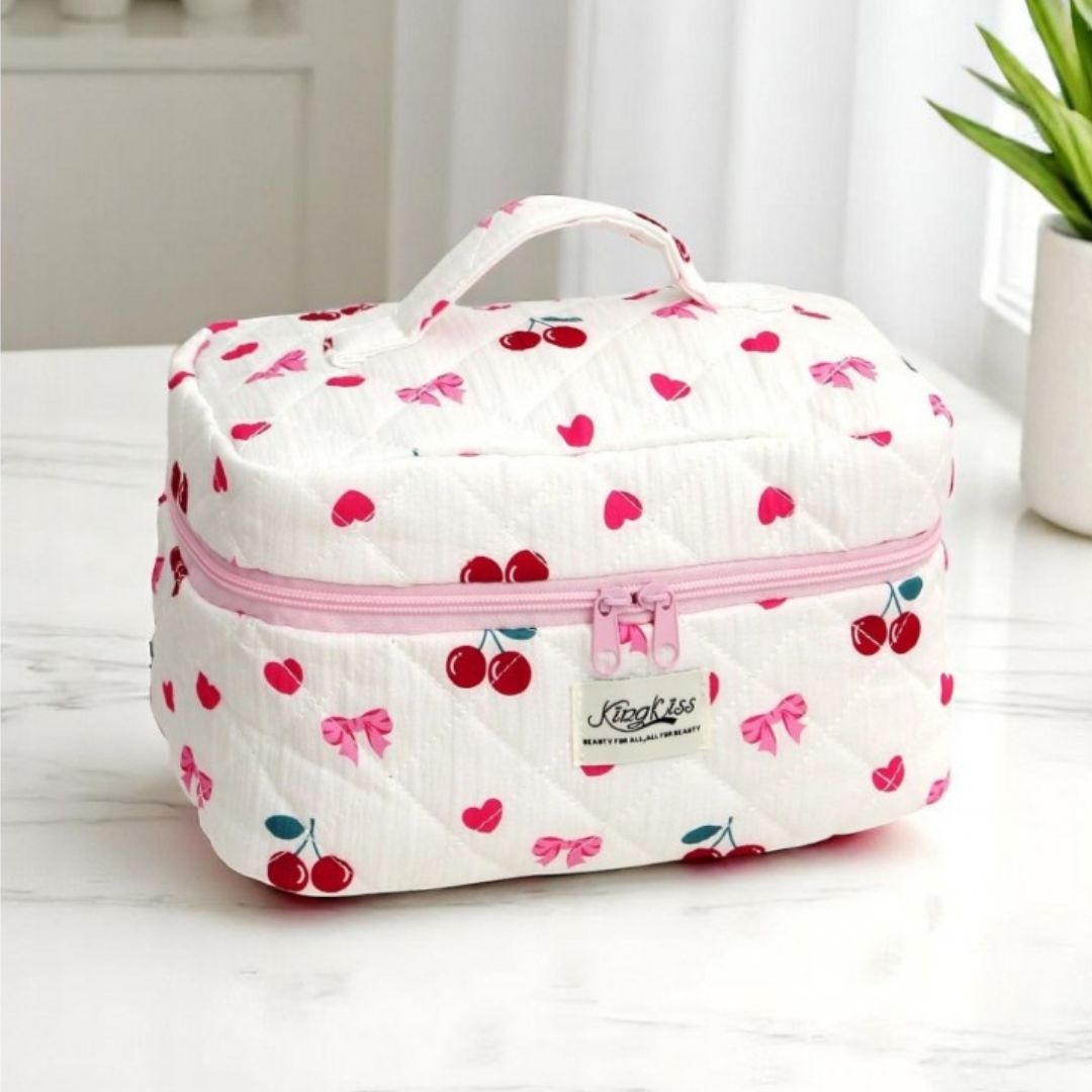 Geantă pentru cosmetice, quilted, model cireșe și fundițe, 16x16x25…