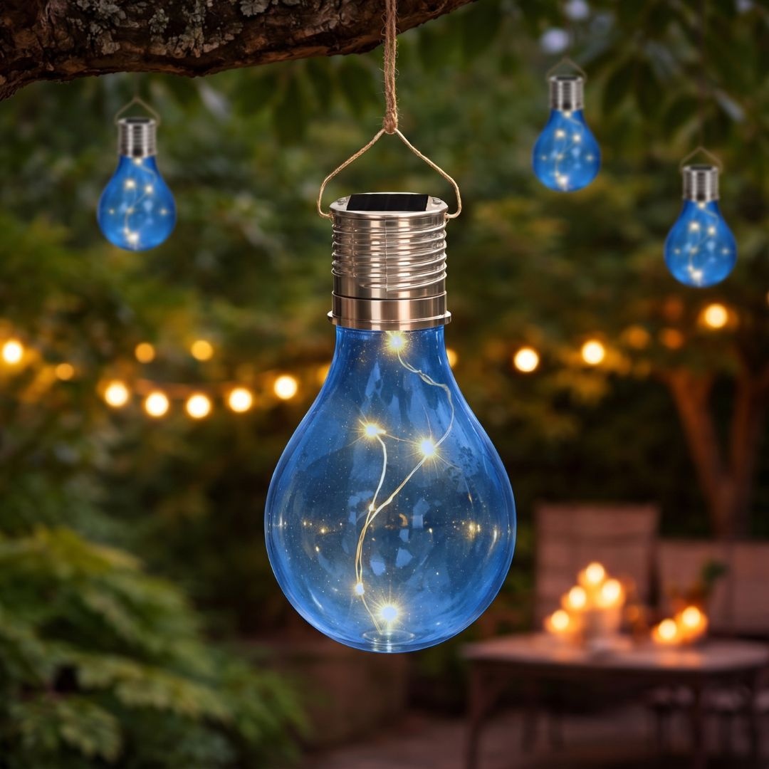 Lampă solară în formă de bec albastru transparent, LED, pentru…