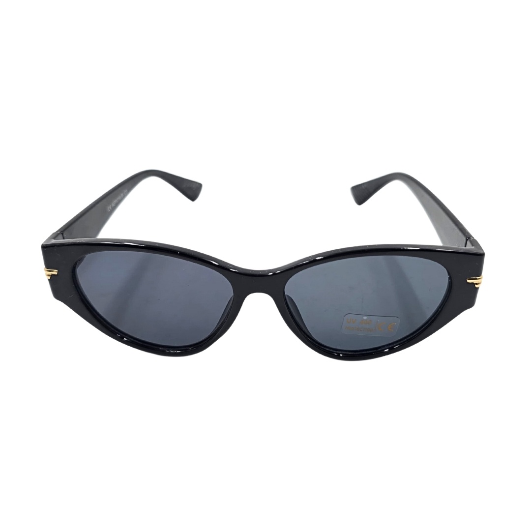 Ochelari de soare, damă, Tiara, negri lucioși, formă cat-eye cu accente aurii, lentile fumurii închise, protecție UV 400