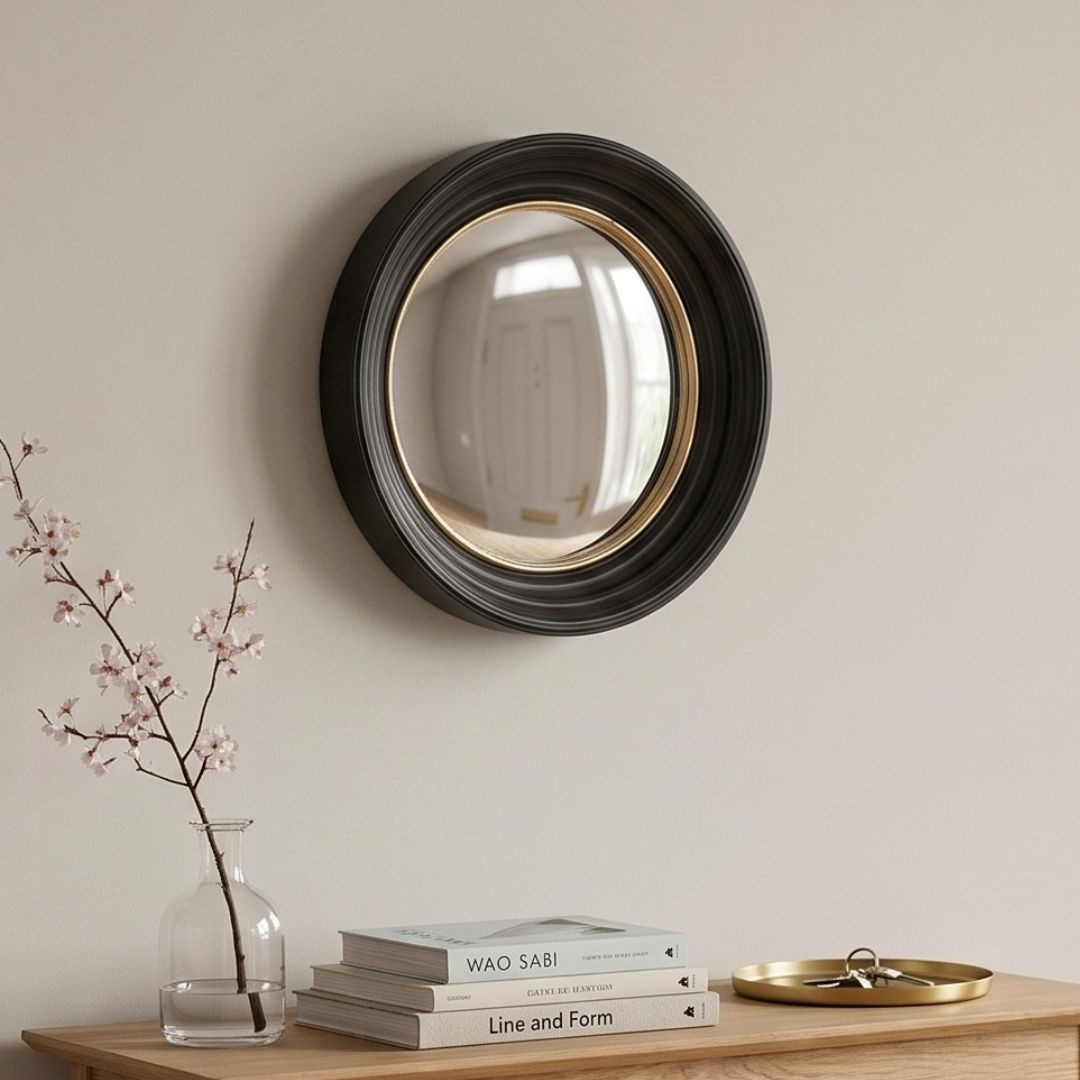 Oglindă decorativă, cu ramă neagră și detaliu auriu, 40.5 cm